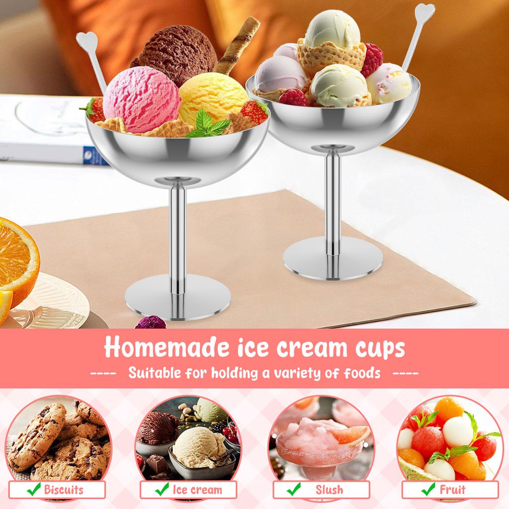 2Pcs 304 Stainless Steel Dessert Cup Ice Cream Cups Salad Goblet Retro High Base Bowl For Fruit Yogurt Snack Dish Bar Dinnerware