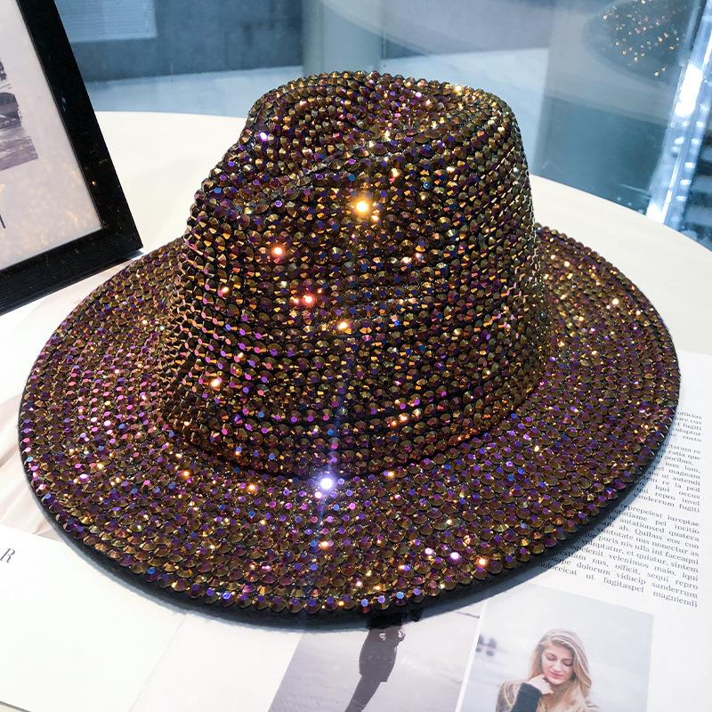 Chapeau femme automne et hiver mode strass élégant chapeau jazz rétro britannique polyvalent chapeau haut en laine incrusté de diamants tendance