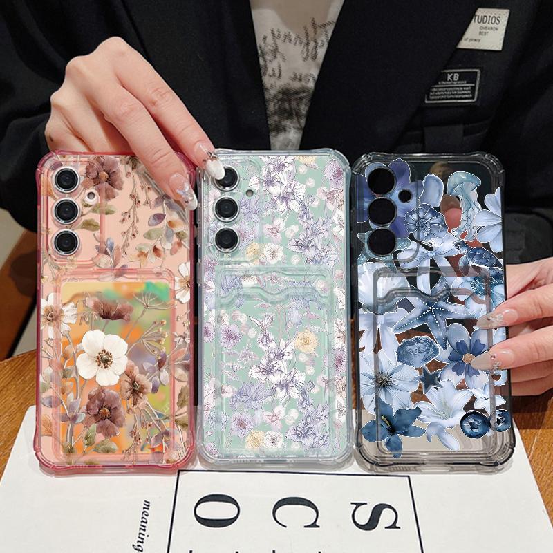 Transparent Flowers Pattern Phone Case For Samsung Galaxy S26 S25 S24 S23 S22 Ultra S25 Edge S24 FE Clear Card Bag Wallet Cover