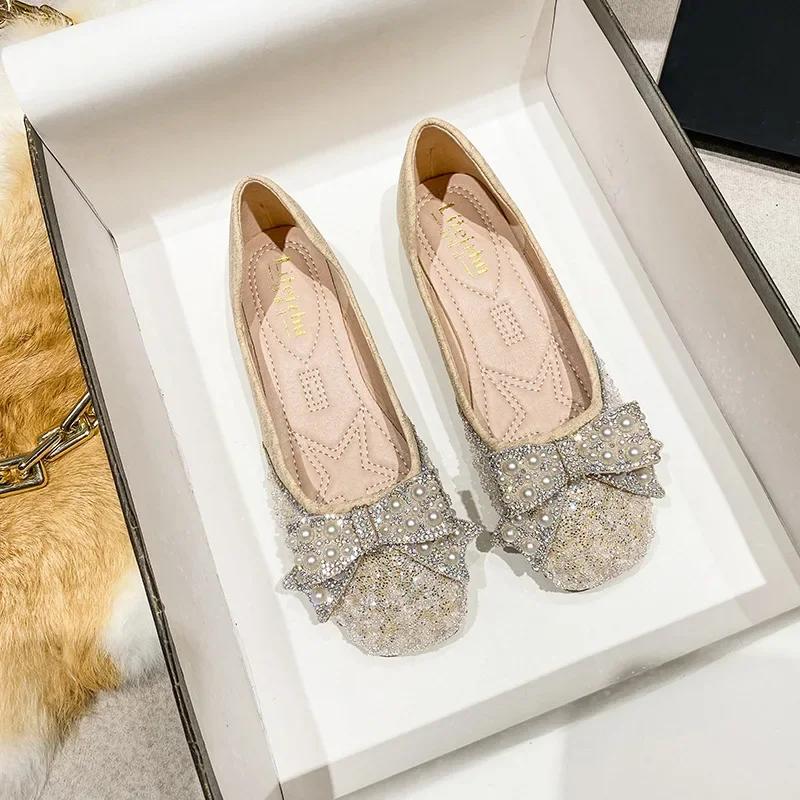 New Women Slip-on Loafers Spring Summer Fashion Beautiful Bling Pearl Flat Shoes Girl Beautiful Casual Boat Shoes