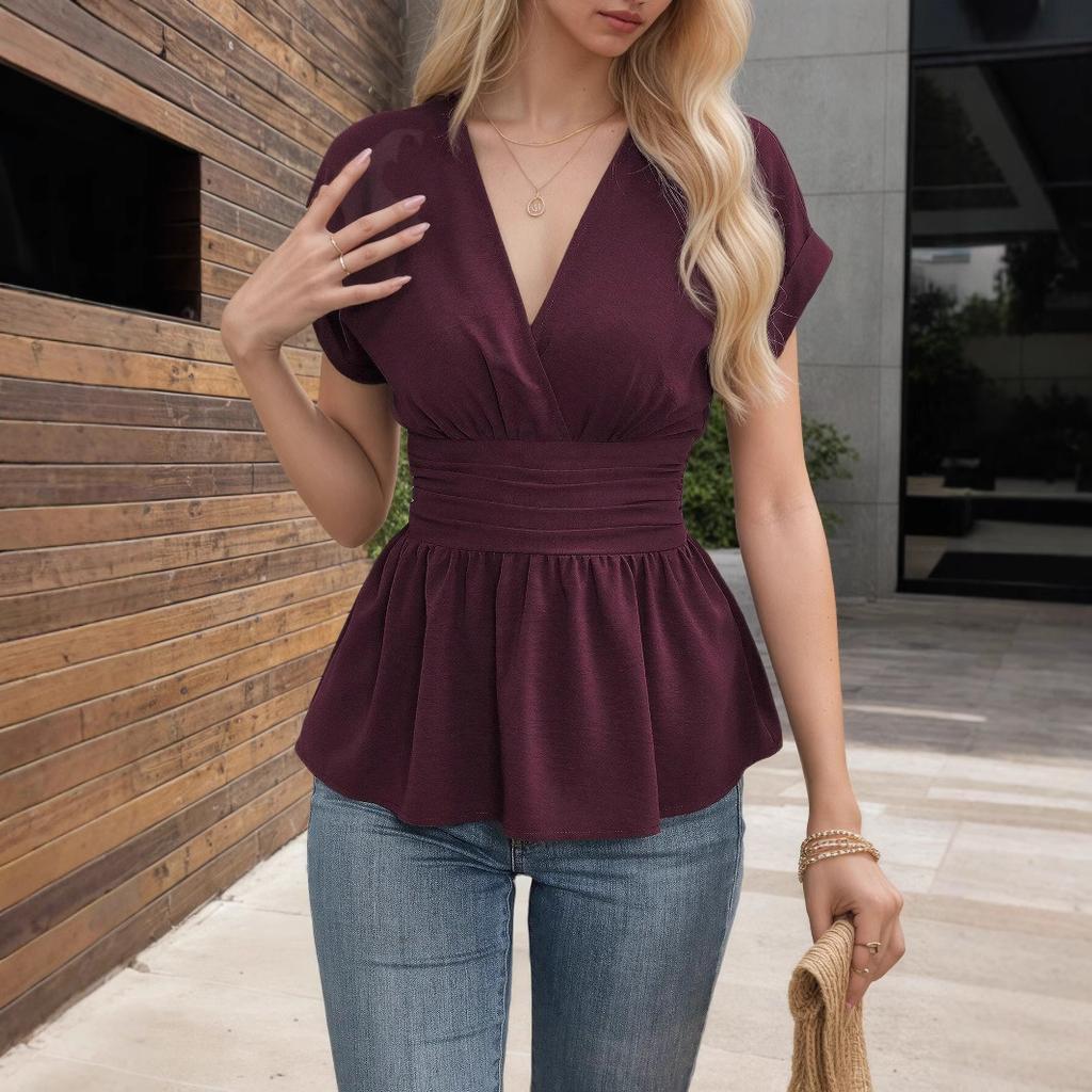 Women's V-Neck Wrap Peplum Blouse Short Sleeve Ruched Waist Casual Linen Top