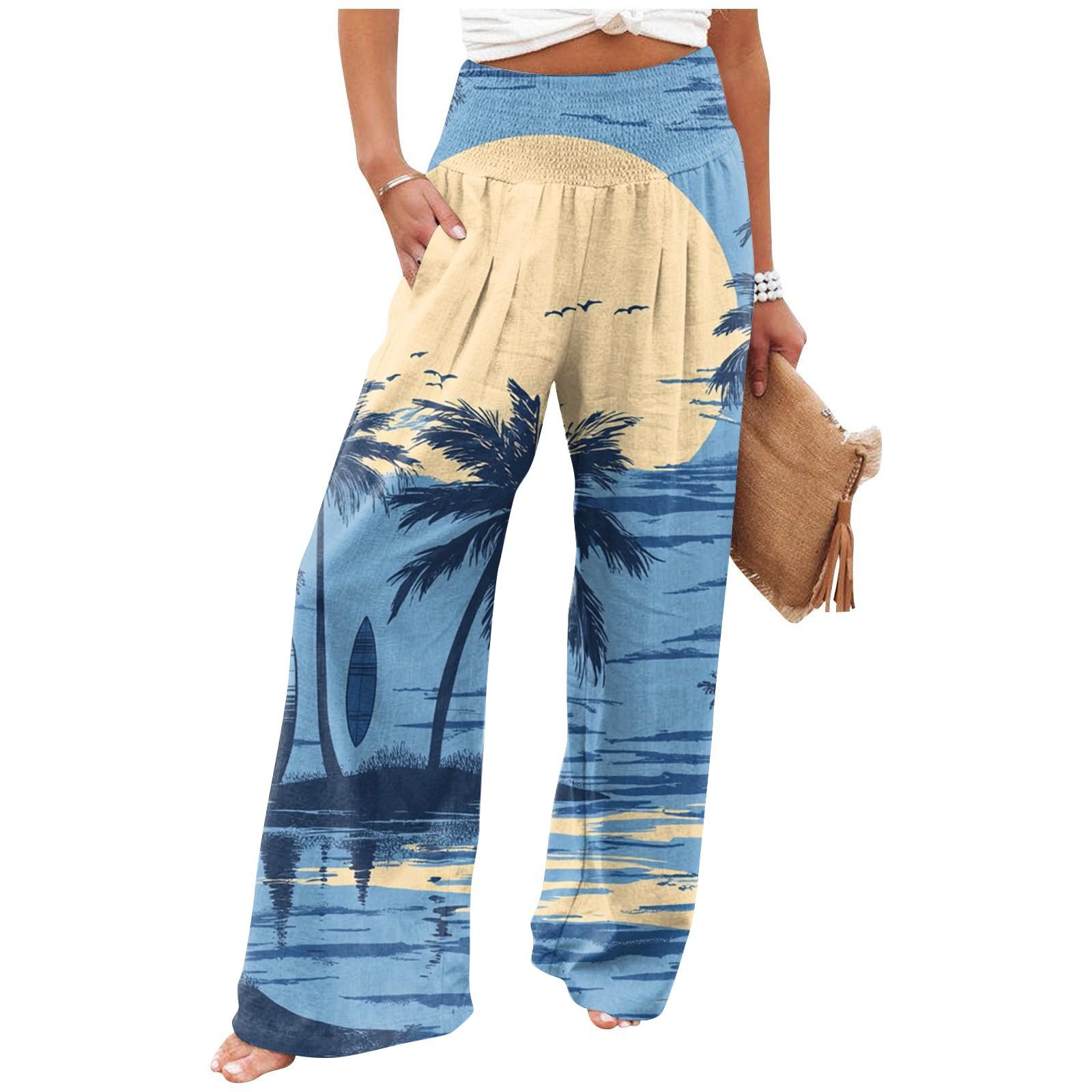 

Женские летние свободные брюки из хлопка и льна с эластичным поясом и пляжным принтом S