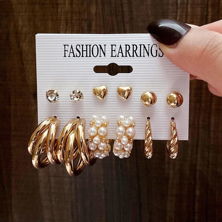 European & American Retro Geometric Hammered Textured Earrings 6-Piece Set: Creative Heart Diamond Stud & Alloy Earrings