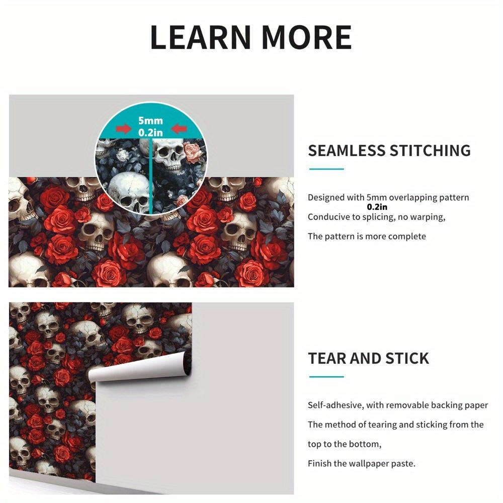 1pc Dark Style Rose and Skull Wallpaper Vintage Floral Peel and Stick Wallpaper Self-adhesive Wallpaper Removable Waterproof Wall Stickers