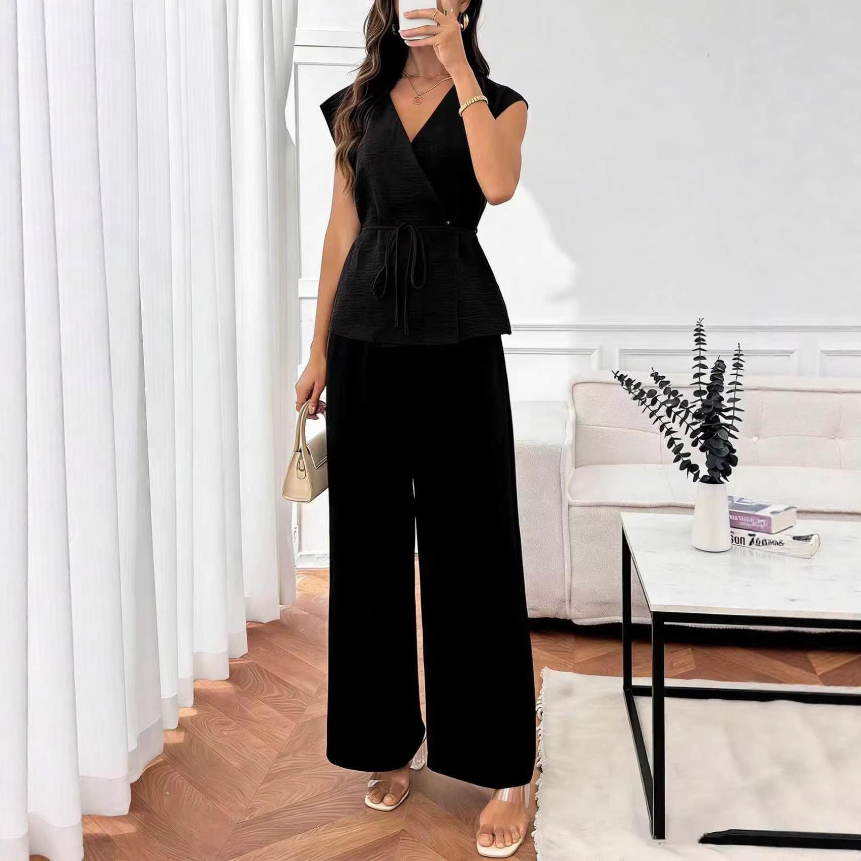 

Women V-Neck Sleeveless Tie Waist Wide Leg Pants sets XXL чорний