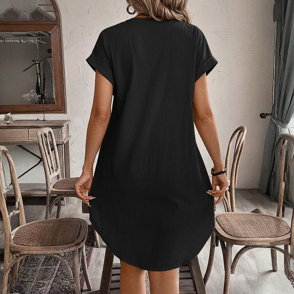 Ladies' Loose And Comfortable Summer Color Cotton Linen V-neck Button Up Dress