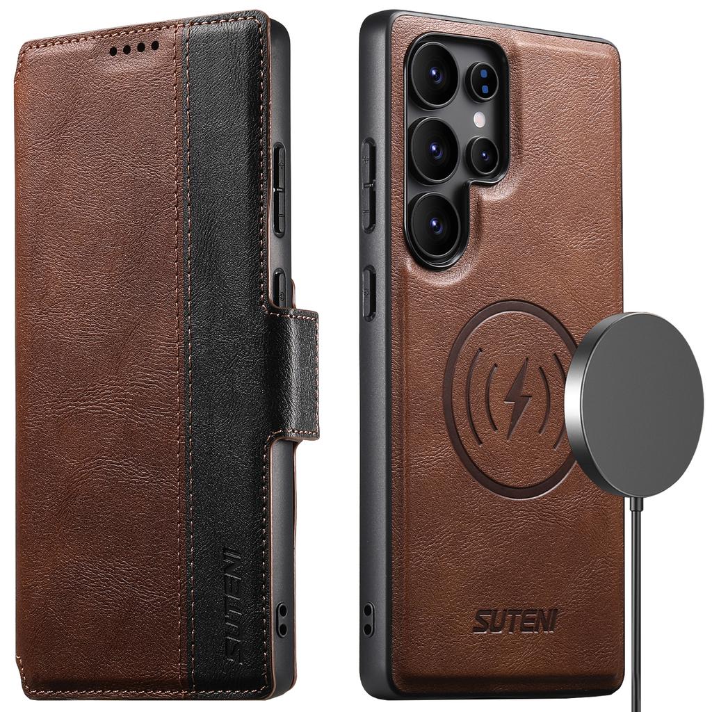 SUTENI Q-07 For Samsung Galaxy S25 Ultra Case Magnetic Color Splicing Cowhide Texture Leather Cover