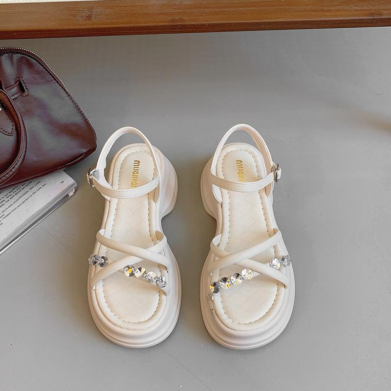 Platform muffin sandals 2025 summer new high-end versatile beach rhinestone sandals