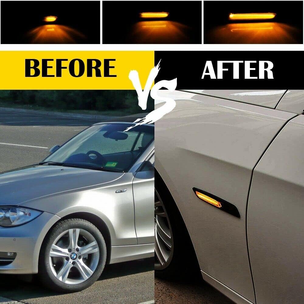 ADIIL Front Fender Side Marker Lights for BMW 1 3 5 Series E82 E90 E60 | Black F10 Style Lens Sequential Amber LED, Front Fender Turn Signal Side