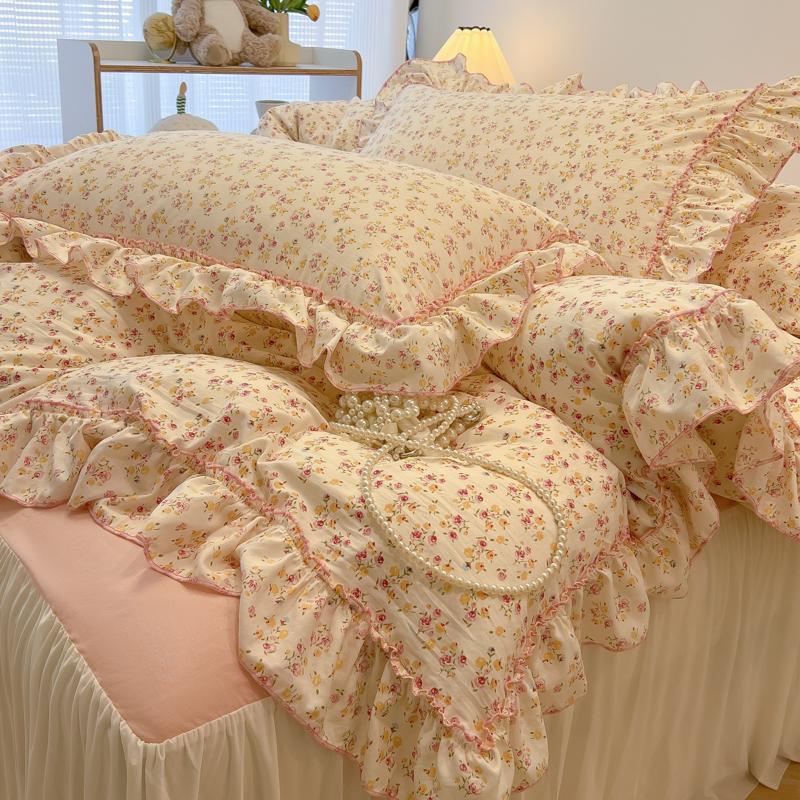 3/4Pc Korean Princess Style Floral Ruffles Bedding Set Single Queen Size Soft Skin-friendly Washed Cotton Duvet Cover Pillowcase