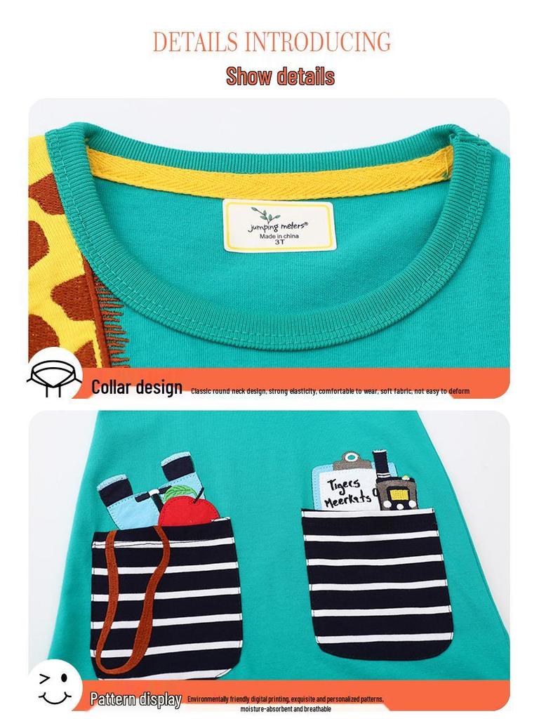 Letní áčkové šaty pro dívky s krátkým rukávem a dlouhým výstřihem s výšivkou žirafy