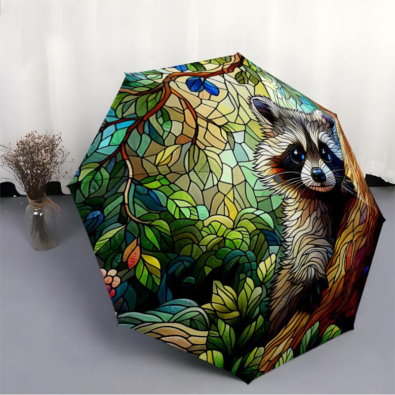 1pc Stained Glass Raccoon Auto Folding Umbrella, Sturdy And Durable Automatic Folding Umbrella with 8 Ribs, Convenient for Outdoor Use075