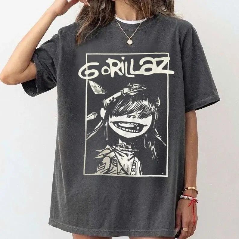 Gorillaz 2-D Band Virtuale Ritratto Grafico Vintage Lavaggio Acido Oversize Streetwear Hip Hop Fan Merch T-Shirt Top per Fan dei Gorillaz Amante della Musica