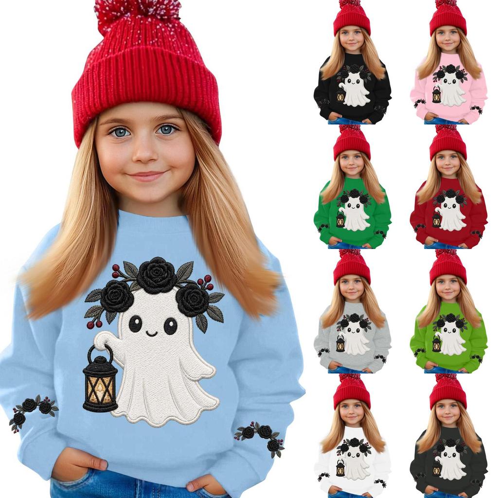 Kids' casual long-sleeved sweatshirt with Halloween print, suitable for holiday parties and everyday wear.