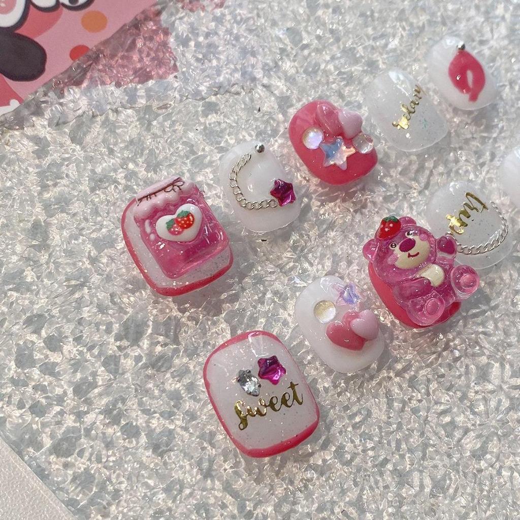 Strawberry Bear Short Wearable Nails - Cute Cartoon Design, Gentle Whitening, Handmade Finished Manicure Patches