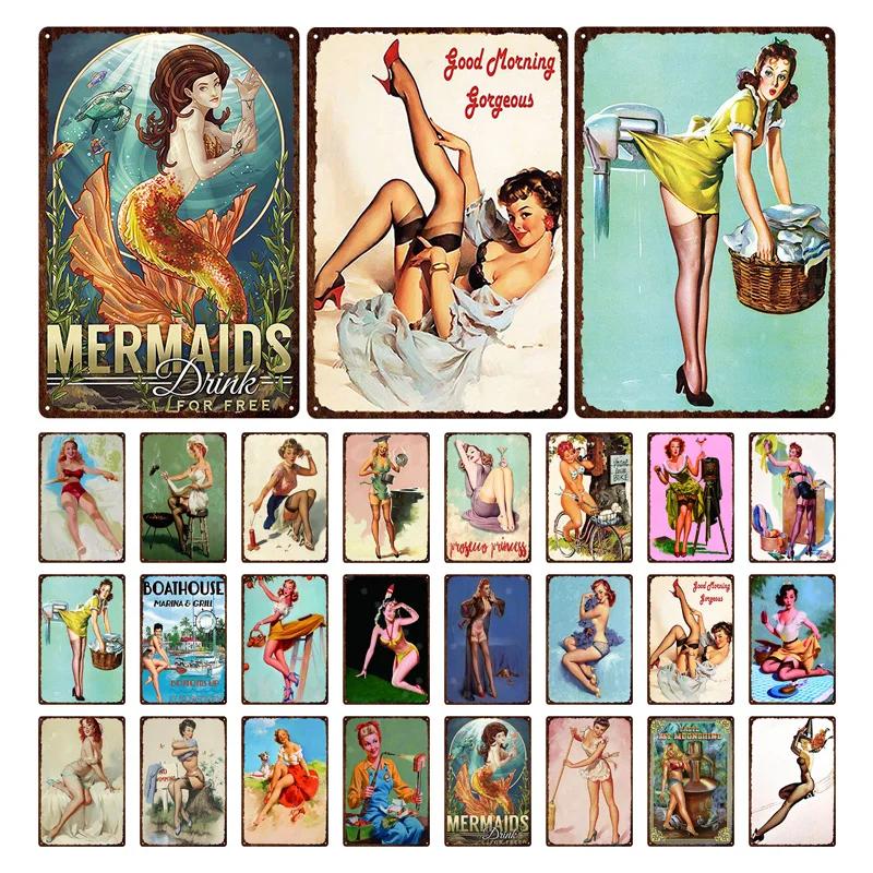 Iron Painting Elegant Pin Up Girl Retro Posters Tin Sign Metal Sign Decor Wall Women Portrait Bar Pub Club Man Cave Pictures