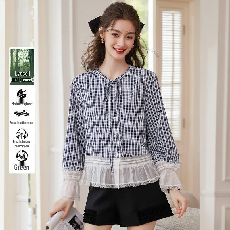 Bailuyu Elegant Plaid Ruffle Patchwork Round Neck Blouse M
