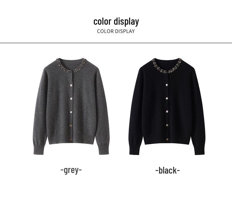 2026 Autumn/Winter Women's Beaded 100% Cashmere Round-Neck Versatile Cardigan Sweater