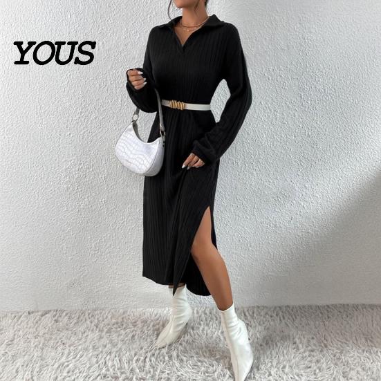 Daily Wear Dresses Women Knit Sweater Dress for Fall Winter, Ribbed Long Sleeve with Solid Color Side Split, Casual Collared V Neck Midi Machine