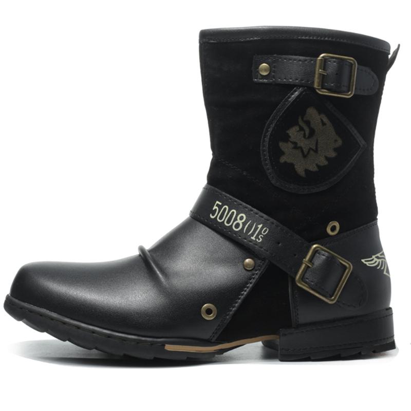 Retro Men Mid-calf Boots Buckle Side Zipper Men Riding Sneakers 2024 Autumn Winter Anti Slip Boots Western Casual Cowboy Boots