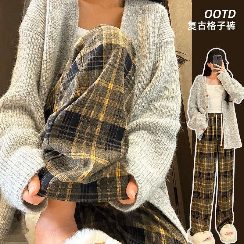 Red Plaid Pants Fleece Thickened Straight-leg Pants Women's Autumn and Winter High-waisted Drawstring Trousers Loose Casual Wide-leg Trousers