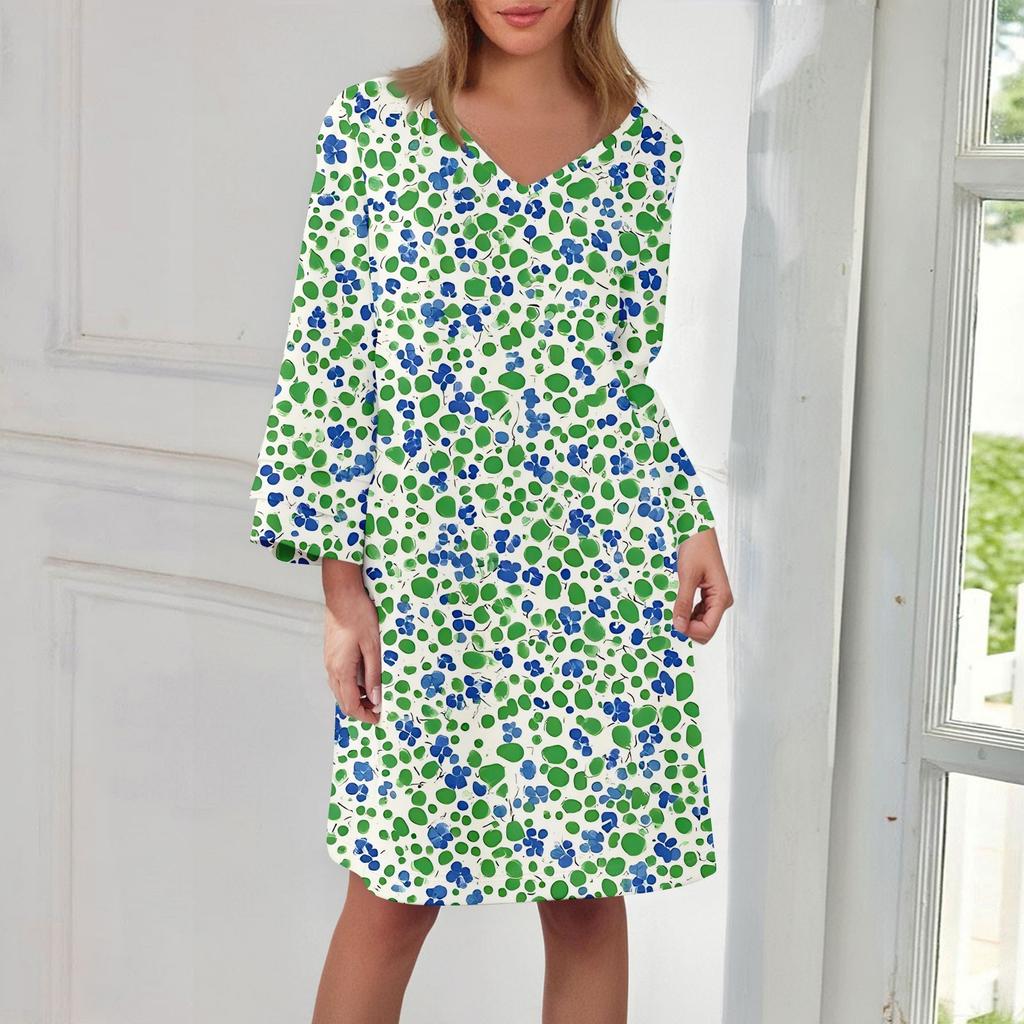 Women's Fashion V-neck Color Large Size Loose Long Large Swing 3/4 Sleeved Dress