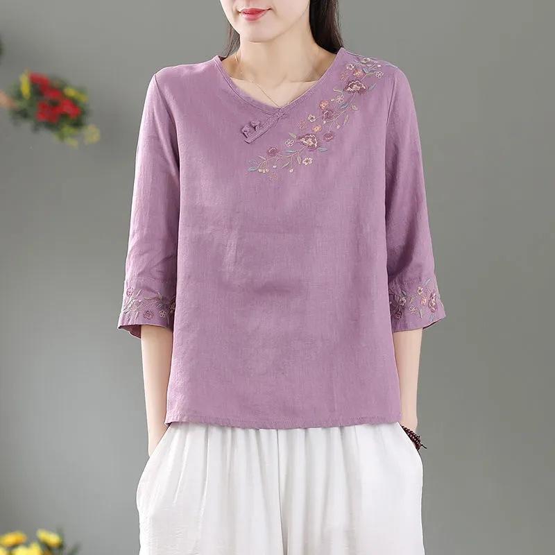 Summer Cotton and Linen Shirt Women's Embroidered Retro Literary Top Loose and Thin Medium Sleeve Large Size T-shirt Women
