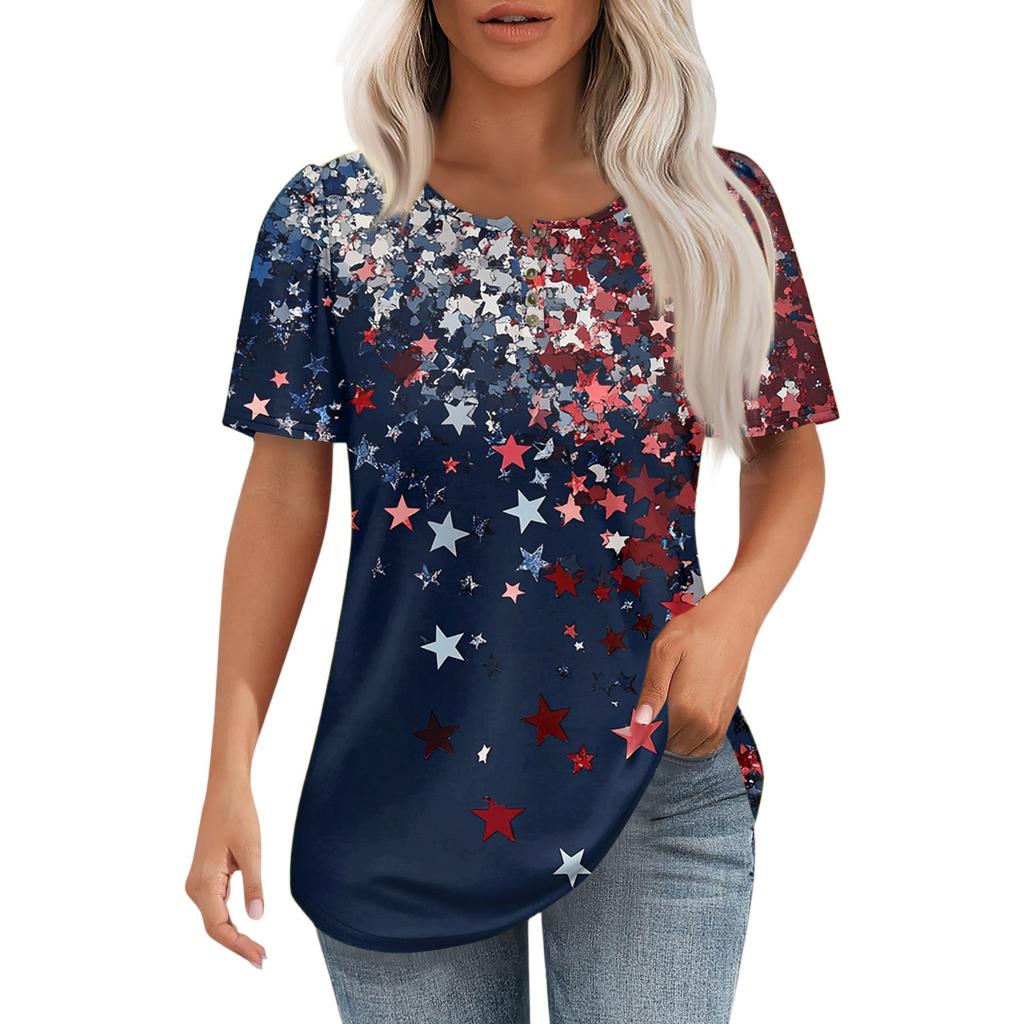 Damski modny, swobodny, krótki rękaw, guziki, nadruk, okrągły dekolt, bluzka typu pullover