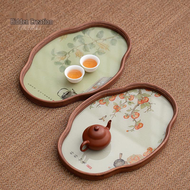 Exquisite Chinese Begonia Tea Serving Tray with Gaiwan Storage and Coaster Plate for Afternoon Tea and Coffee Shops