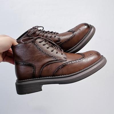 Men's Fashion Wedding Party Dress Genuine Leather Boots Black Brown Carved Brogue Shoes Cowboy Ankle Boot Cool Short Botas Male