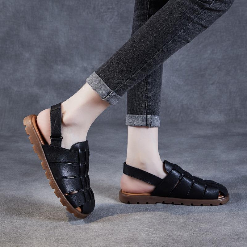 2CM Weave Cow Genuine Leather New Women Summer Hook Loafer Sandals Platform Wedge Comfy Shoes Elthnic Hoollow Retro Flats Rubber