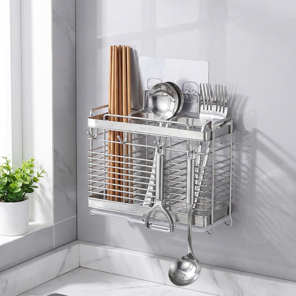 Stainless Steel Flat Steel Chopsticks Holder with Hooks Kitchen Draining Rack Wall Mounted No Drilling Storage Organizer for Countertop
