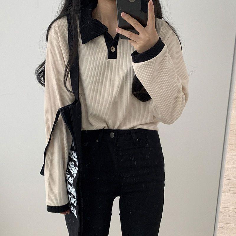 College Style POLO Collar Long Sleeved T-shirt for Women In Spring and Autumn  New Style with Interior and Base  Versatile Ins Top