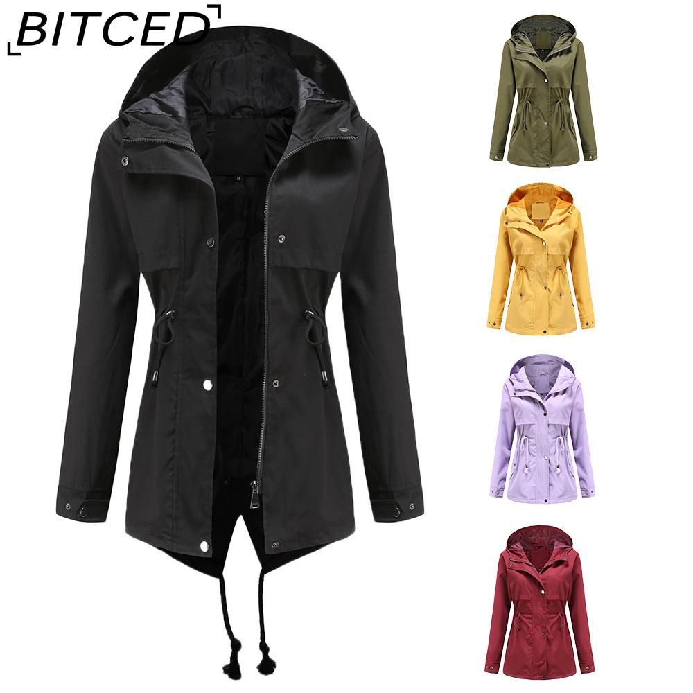 BITCED Lightweight Trench Coat Mid-Length Hooded Jacket Long Sleeves Fitted Waist Outdoor Rainproof Clothing