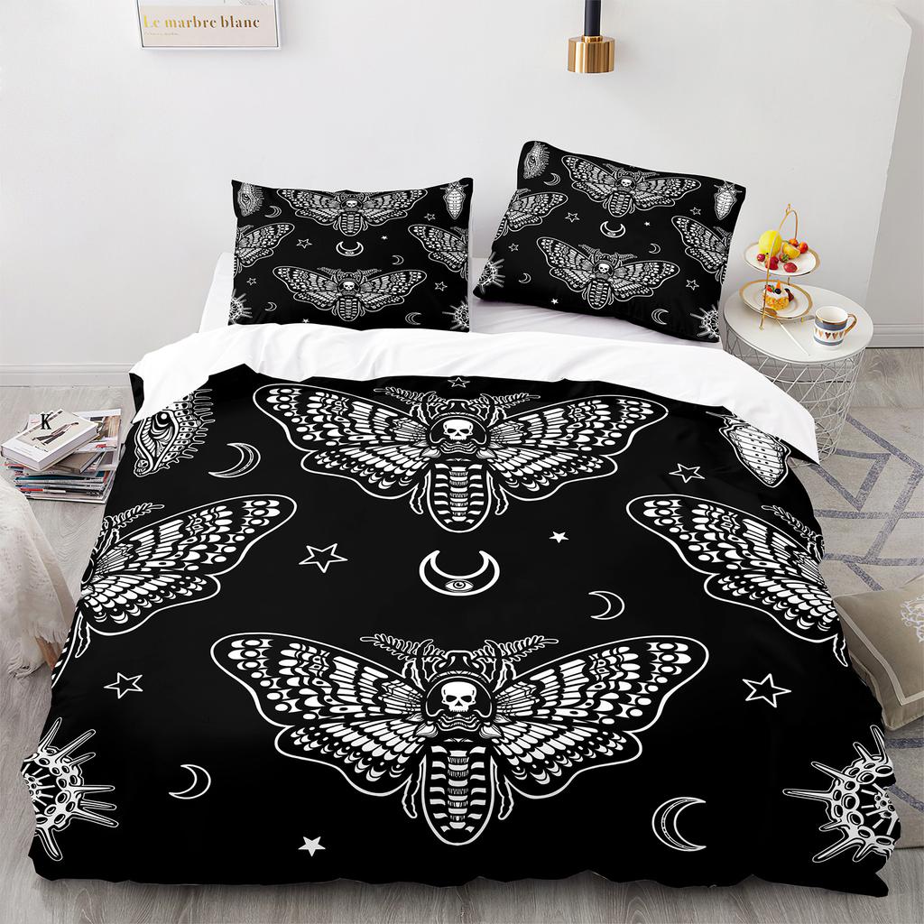 Death Moth Duvet Cover Set Queen Size Gothic Skull Boho Comforter Cover Black And White Skeleton Decorative Soft Bedding Set