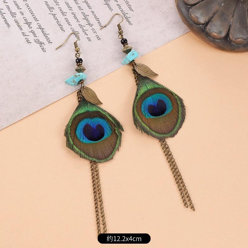 Retro Peacock Feather Fringed Earrings Women's Bohemian Fashion Elegant Temperament Versatile Long Earrings