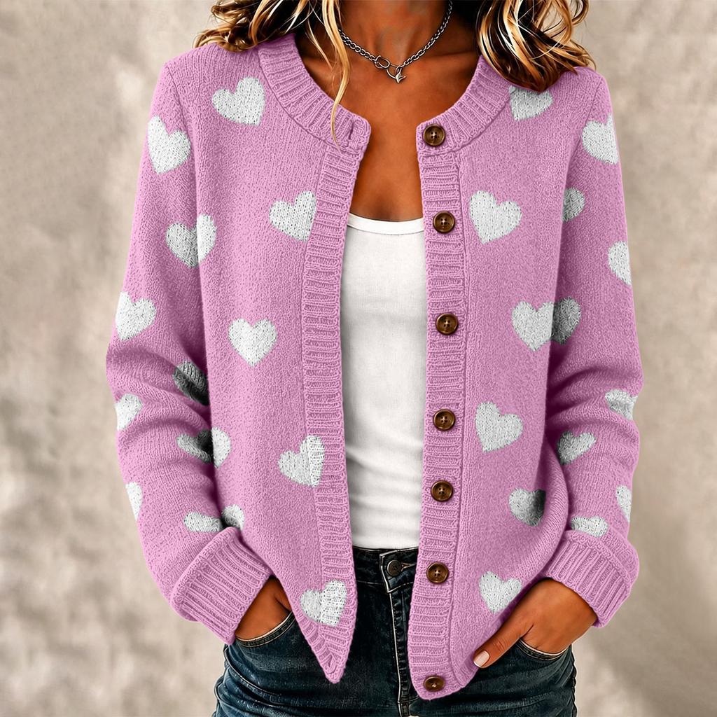 Damenmode Langarm Herzmuster Offen vorne Strickjacke Pullover Oberbekleidung