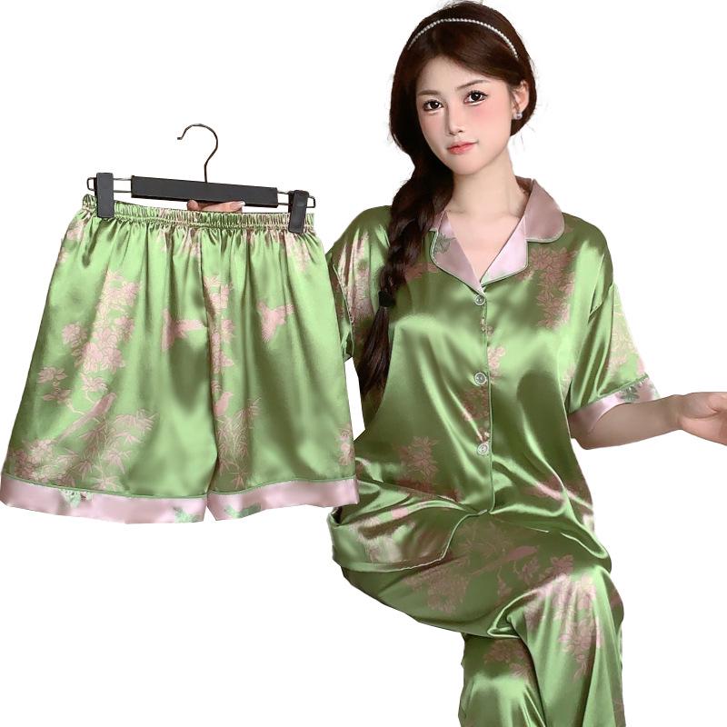 2026 Women's Ice Silk Summer Pajama Set - Short Sleeve, Three-Piece, Elegant, High-Quality, Cool, and Comfortable.