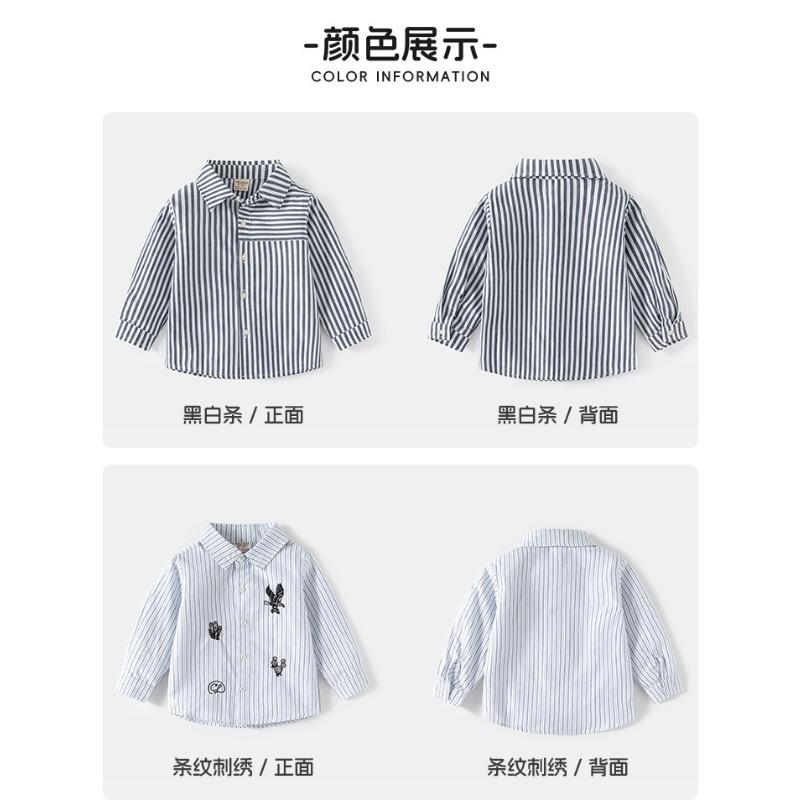 Kids Boys Long Sleeve Striped Embroidery Casual Children Shirt Spring Autumn Top