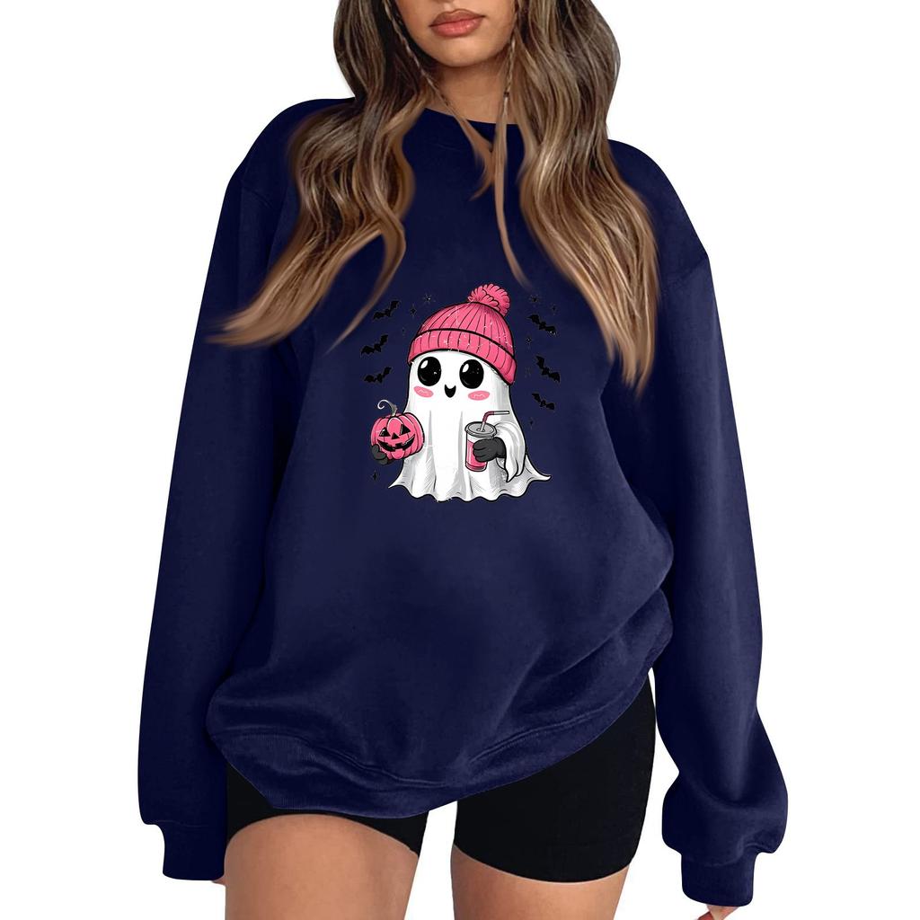 Damenmode, lässig, Halloween-Print, langärmelig, einfarbig