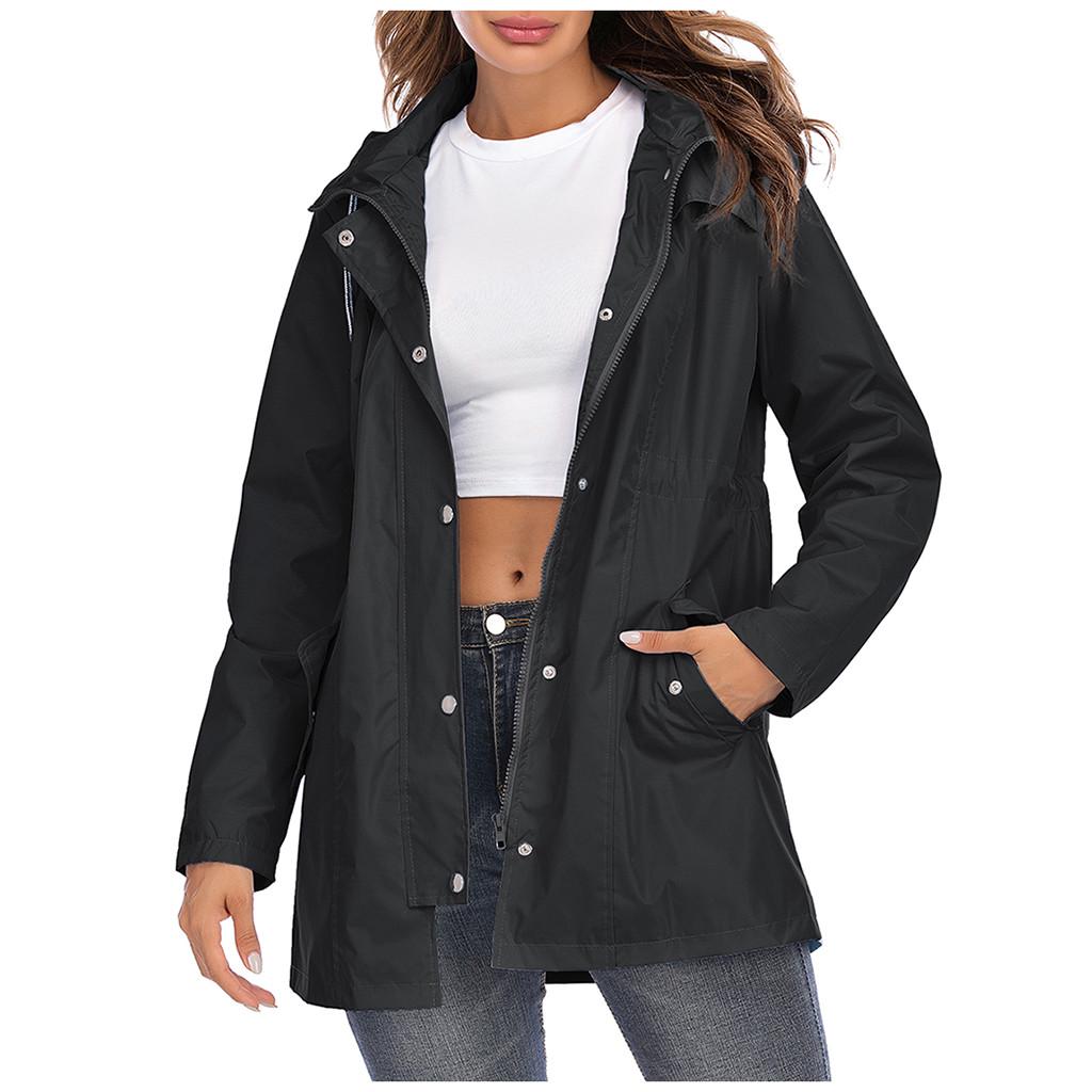 Women Hooded Waterproof Zipper Mid-length Windproof Waterproof Raincoat Jacket