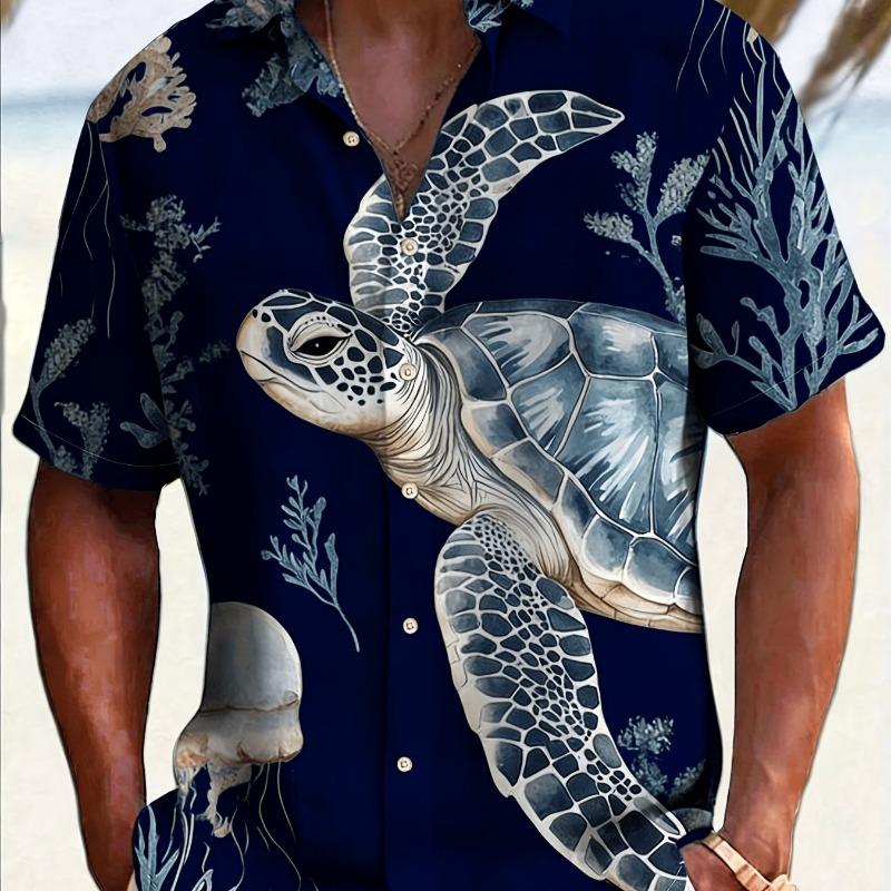 Men's Simple Hawaiian Print Button-Down Shirt -, Summer Vacation and Resort Wear