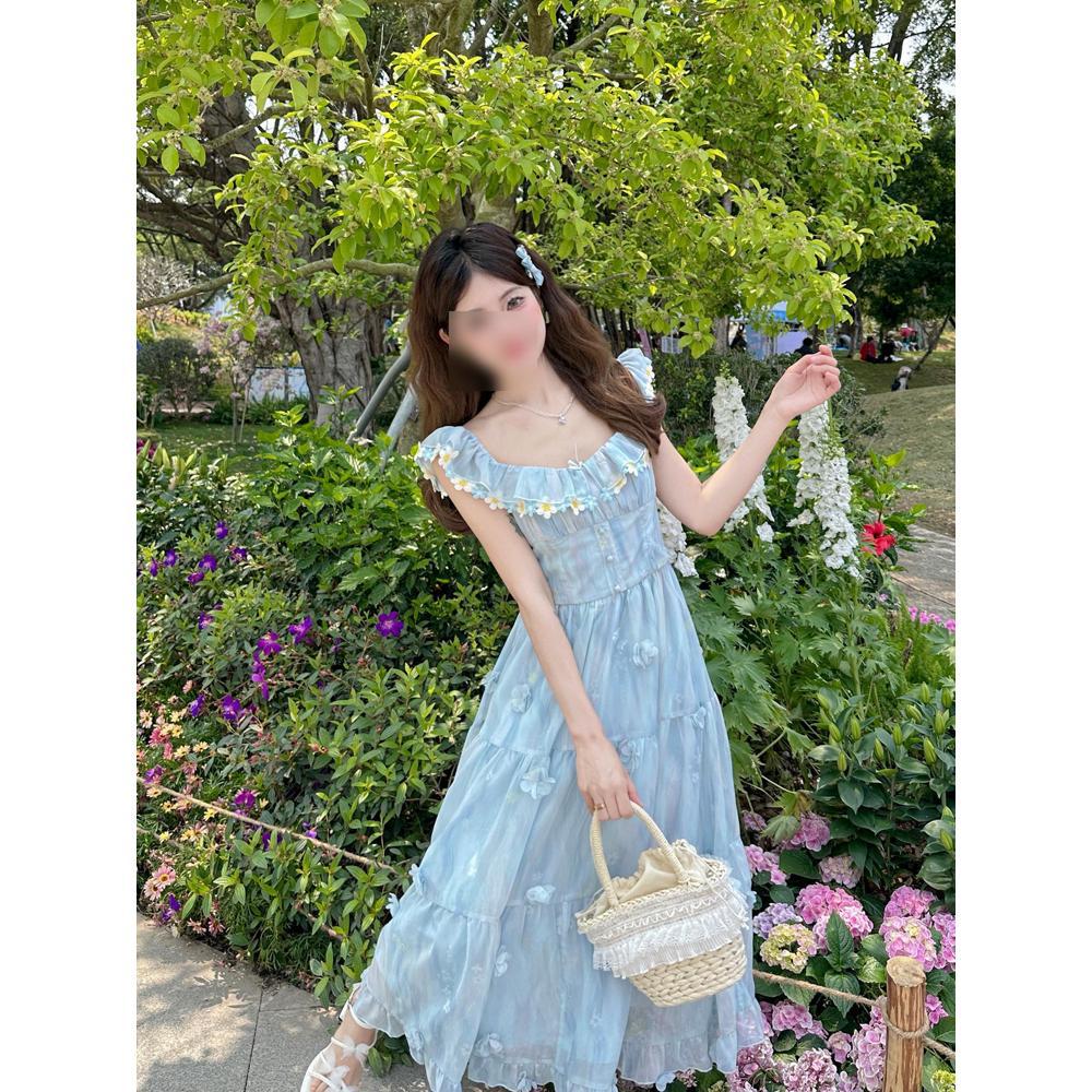 Retro A-shaped skirt skirt pure desire long square neck short sleeve waist dress women's summer