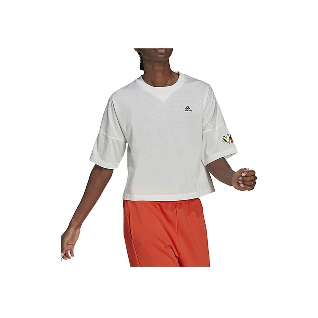 Adidas Alphabet Logo Print Crop Round Neck Short Sleeve T-Shirt Women Tops White H67199