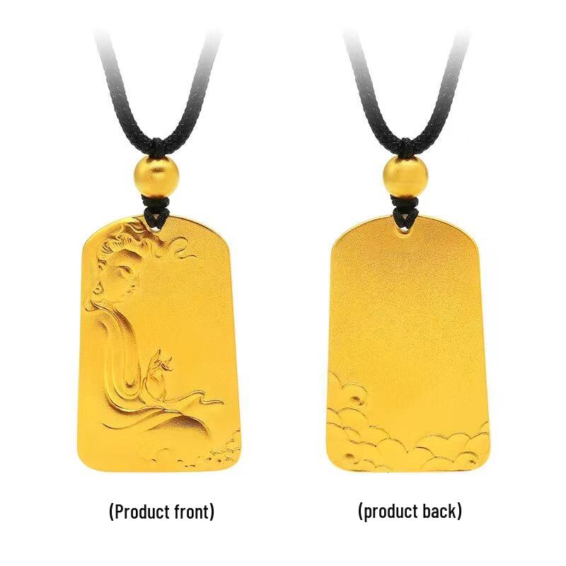 Vietnam Gold Auspicious Clouds Guanyin Tag Pendant Necklace - Yellow Brass, Gold-Plated, Unisex