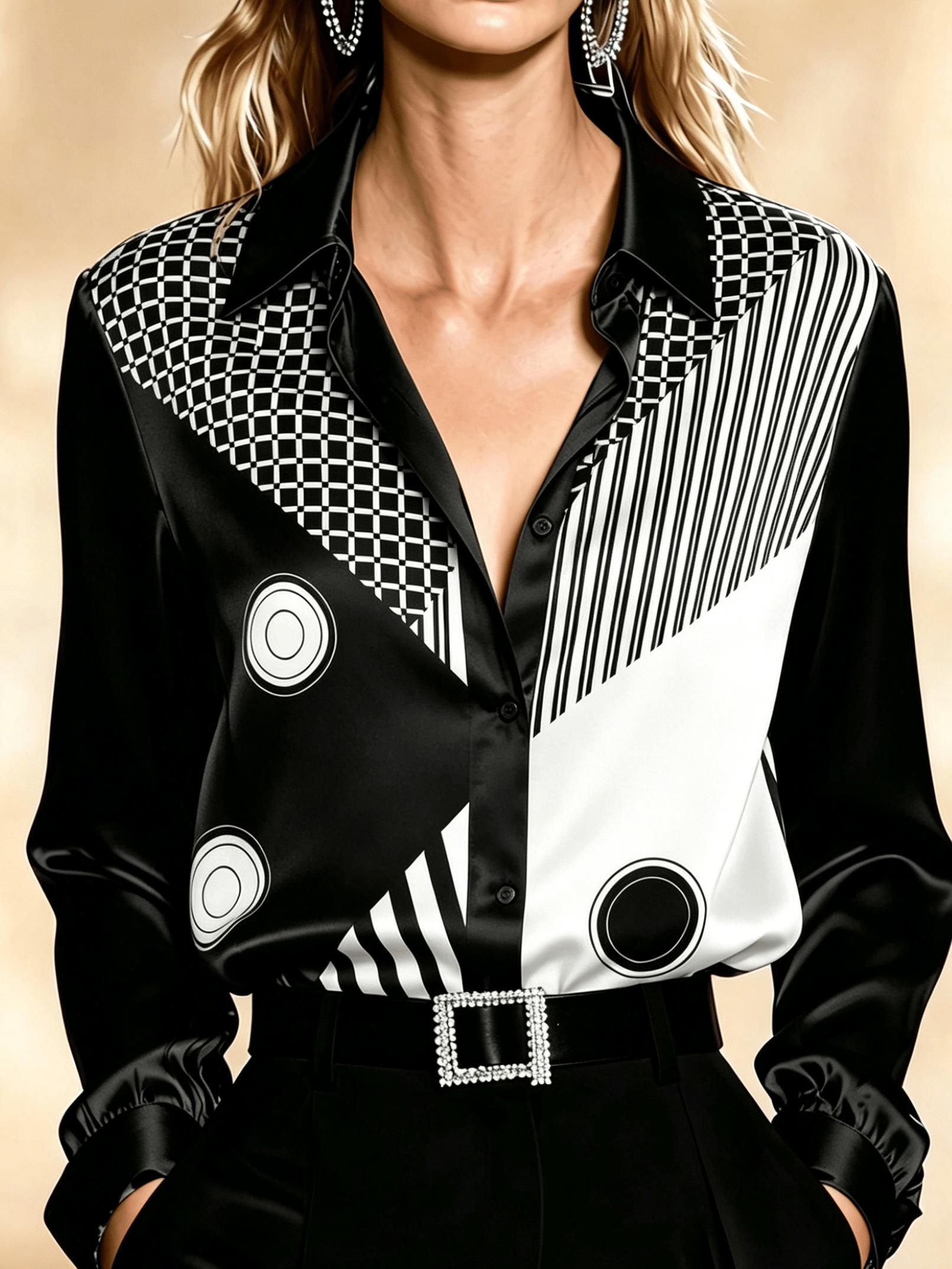 Trendy Geometric Print Satin Blouse - Women s Black White Checkered Striped Patchwork Shirt, Modern Office Wear S