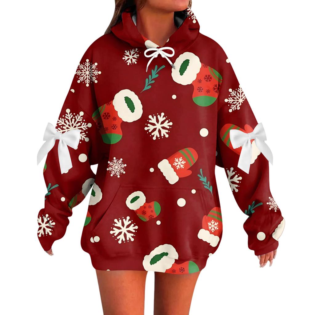 Ladies' Christmas Printed Bow Long Sleeved Loose Fitting Headband With Rope Hooded Sweatshirt Top