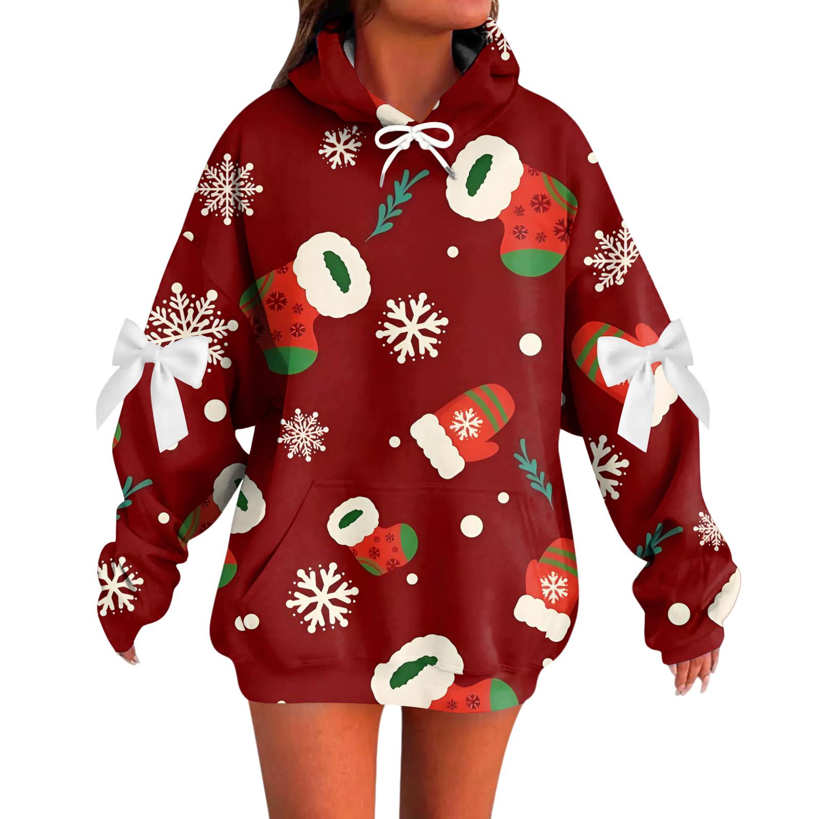 

Ladies Christmas Printed Bow Long Sleeved Loose Fitting Headband With Rope Hooded Sweatshirt Top S