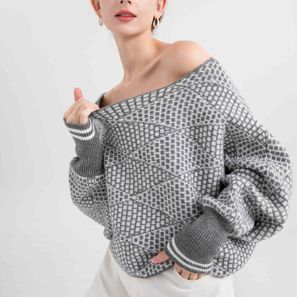 One-neck Wool Sweater, Long-sleeved Checked Knitted Sweater, Pullover, Off-the-shoulder Women's Outerwear