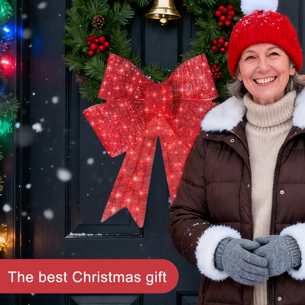 Christmas Wreath Bow 60cm Lighted Red Ornaments Door Wreath Holiday Garland for Winter Home Porch Christmas Decoration
